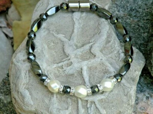 Women’s Black N Cream Hematite Bracelet Anklet Necklace 1 Row Rhinestone Therapy - Picture 1 of 6