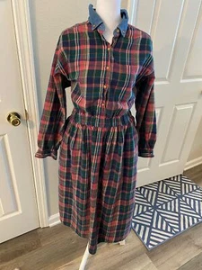 Vintage Eddie Bauer Plaid Dress With Denim Collar Women's Size Petite M - Picture 1 of 4
