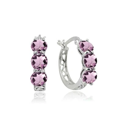 Pendientes de aro de tres piedras de filigrana redonda de alejandrita simulada de plata de ley Foto 1 de 4