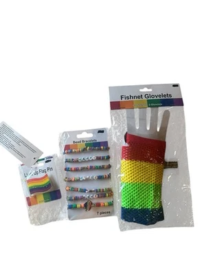 Pride Rainbow Accessory Lot LGBTQ+ Fishnet Glovelets Light Up Flag Pin Bracelets - Image 1 of 4