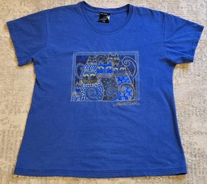 Vintage 90er Laurel Burch INDIGO CATS Large Damen T-Shirt blau Feline Art Wear - Bild 1 von 4