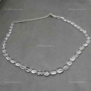 Oval Natural Crystal Quartz 925 Silver Unique Boho Anniversary Beaded Necklace - Picture 1 of 6