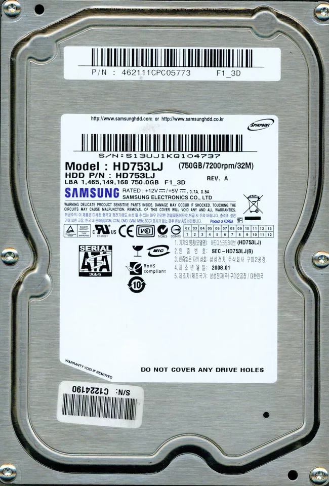 SAMSUNG SATA 750GB HD753LJ P/N 462111CPC05773  F1_3D - Image 1 of 1