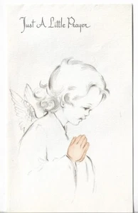 VTG CHRISTMAS CARD approx 4x6.5" - Just a Little Prayer - Angel Praying - Picture 1 of 3