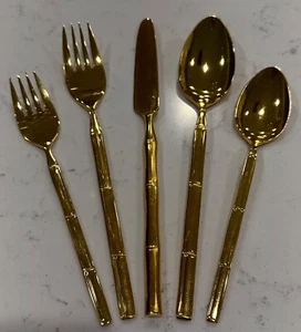 Cubiertos 5 piezas color dorado diseño bambú BONITO estado - Imagen 1 de 11