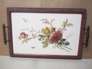 ANTIQUE WOODEN CERAMIC TEA SERVING TRAY FLORAL WITH INSECTS - Picture 1 of 17