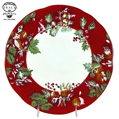 Tracy Porter JOLLY OL' SNOWY - HOLLY RIM 11" Plato de Cena Piña Rojo Navidad Foto 1 de 4