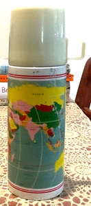 Older Flask with Wraparound World Map Transfer Motif with Cup - Picture 1 of 7