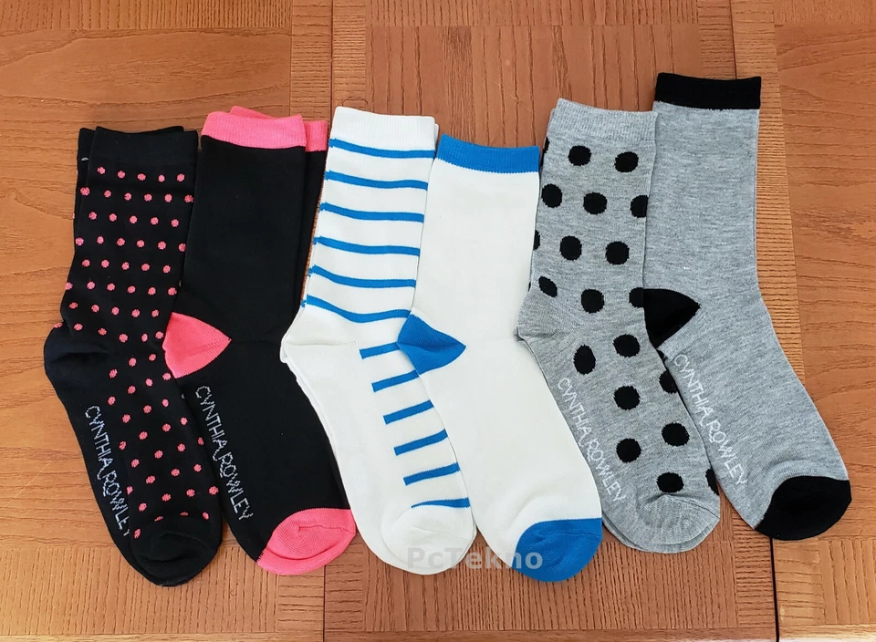 Новый с Ярлыками 6 пар Синтия Роули женщин экипажа носки в горошек полоски твердого размера 4-10 - Изображение 1 из 2