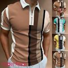 Mens Zip Up Striped T Shirt Casual Polo Button Short Sleeve Golf Work Tops Tee