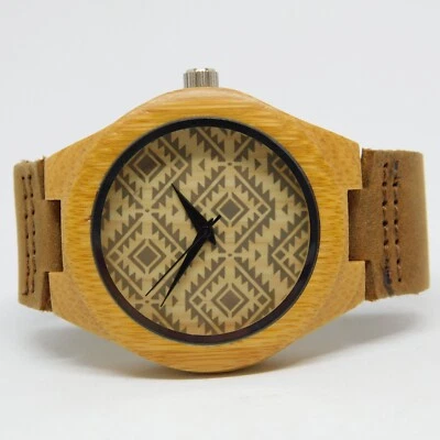 Wooden Case Genuine Leather Quartz Analog Unisex Watch New Battery - Image 1 of 4