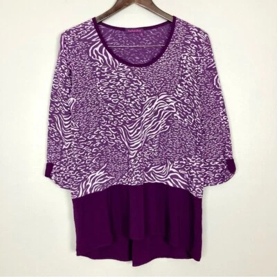 Fresh Produce Tiger Print Peplum Top Women’s Size S 3/4 Sleeves Knit Button Back - Image 1 of 4