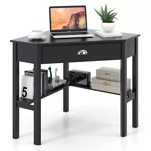 Triangle Computer Desk Corner Office Desk Laptop Table w/ Drawer Shelves - Picture 1 of 8
