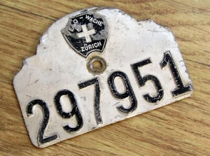 Nummernschild " Velo - Wache Zürich " / Schweizer Fahrradversicherer 1934 - 1945 - Bild 1 von 2