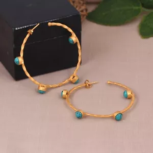 Hammered Hoop Earrings Multi Turquoise Stone Thin Gold Plated Hoop Handmade Gift - Picture 1 of 9