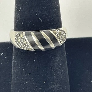 Anillo Cúpula Plata Esterlina Marcacita Incrustación Ónix Negro 925 Unisex Talla 7 3/4 De Colección - Imagen 1 de 8