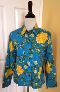 TANTRUMS Turquoise Blue/Yellow Sequined Floral Print Stretch Cotton Shirt (S)NWT - Picture 1 of 7