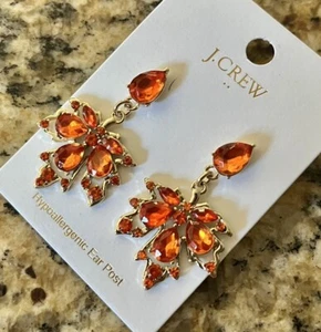 J Crew Crystal Leaf Cluster Drop Orange Amber Gold Statement Earrings NWT NEW🍂 - Picture 1 of 16