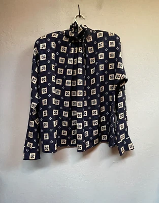 Blusa de mujer Anne Klein vintage de seda geométrica manga larga azul talla 4 Foto 1 de 4