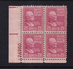 1938 PREXY William McKinley 25c Sc 829 MNH plate block of 4 FAULT priced (RV - Picture 1 of 1