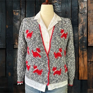 Vintage 90s Jigsaw Scottie Dog Chunky Knit Cropped Granny Cardigan Sweater Sz M - Picture 1 of 15
