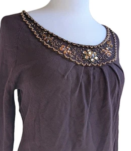 Top con Cuentas Vermani Jewel Talla S Marrón Naranja Floral Embellecido Escote Puños - Imagen 1 de 10