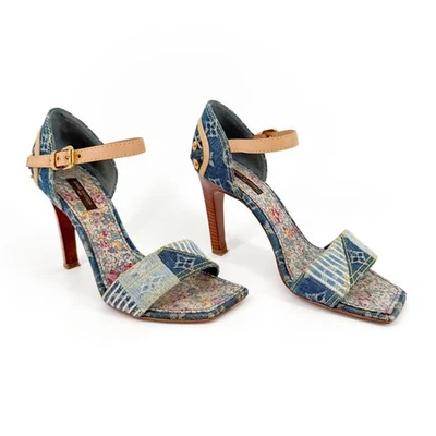 Sandalias Louis Vuitton Denim Patchwork Azul Monograma Tacones Talla 37.5 EE. UU. 7.5 Y2K Foto 1 de 4