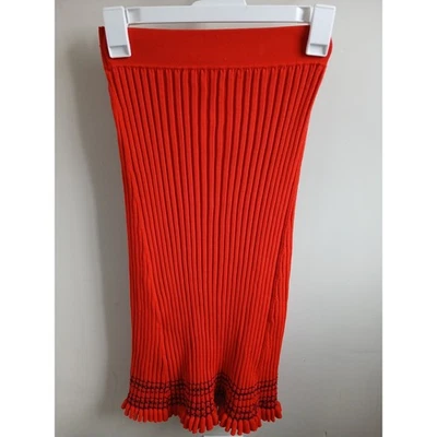 Altuzarra Red Knit Pleated Midi Skirt Fringe Hem - Image 1 of 4