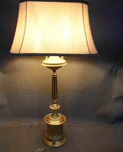 Vintage Gilt Brass Neoclassical Table Lamp – Double Socket – Fabric Shade 1970s - Picture 1 of 23