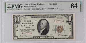 PMG Unc 64 1929 Ty. I $10 The Second National Bank of New Albany, IN Ch. 2166 * - Picture 1 of 3