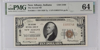 PMG Unc 64 1929 Ty. I $10 The Second National Bank of New Albany, IN Ch. 2166 * - Image 1 of 3