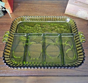 Vintage Indiana Glas Avocado grün geteilt Obst Relish Tablett 12,75" mit Griffen - Bild 1 von 7