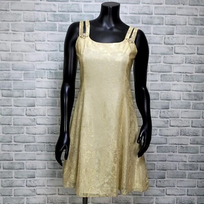 Vintage 90s Scott McClintock Gold Metallic Brocade Fit Flare Mini Cocktail Dress - Image 1 of 4