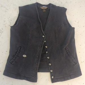 Harley Davidson Women Size Large Black Denim Vest Vintage 90s Made In Hong Kong - Picture 1 of 13