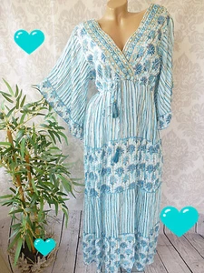 38 40 42 Maxikleid Kleid Ibiza Stickerei Pailletten gold Fäden Volantarm türkis - Bild 1 von 7