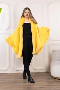 Attractive Yellow Cashmere Cape With Real Fox Fur Detail - Picture 1 of 18