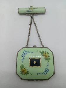 Antique Pistachio Green Guilloche Enamel Compact & Lipstick - Art Deco 1920's - Picture 1 of 9