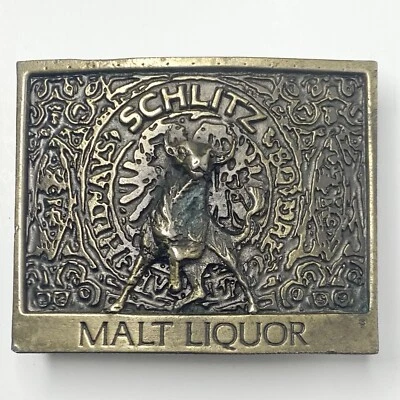 Hebilla de cinturón vintage Schlitz malt licor latón • Años 70 • Lewis Heckles Chicago Foto 1 de 4