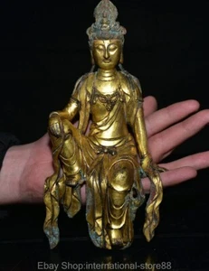 7.6" Rare Old Chinese Purple Bronze Gold Seat Kwan-yin Guan Yin Goddess Statue - Picture 1 of 11