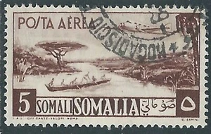 1950-51 SOMALIA AFIS POSTA AEREA USATO AEREO E VEDUTA 5 S - RA12-6 - Picture 1 of 1