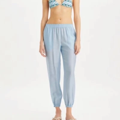 NEW Tory Burch Smocked Beach Pant - Light Blue Sky - Size S - MSRP: $198 - Image 1 of 4