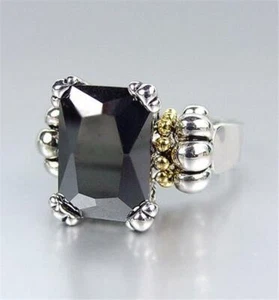 GORGEOUS Silver Emerald-Cut Black Onyx CZ Crystal Scalloped Caviar Texture Ring - Imagen 1 de 3