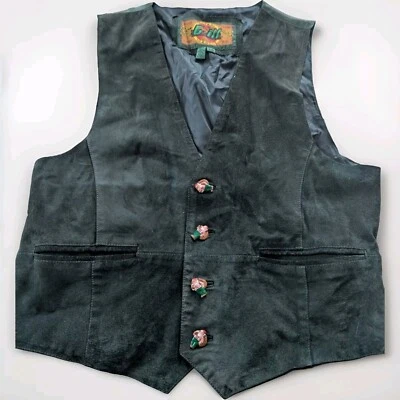 Vtg G-III G-3 Global Identity Cuero Piel Green Leather Vest Santa Buttons Sz L  - Image 1 of 4