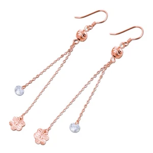 Pendientes de oro rosa 925 genuino plata esterlina gancho de oreja línea larga flor circonita cúbica - Imagen 1 de 9