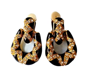 Vintage goldfarbene schwarz emaillierte Glas Strass Türklopfer Ohrringe Clip On - Bild 1 von 4