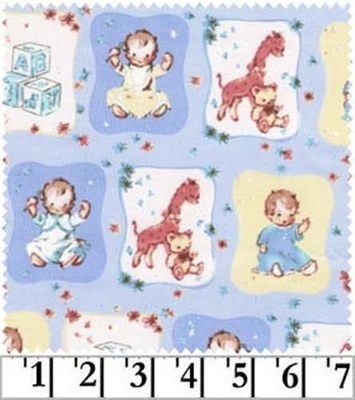 1 1/2 Yards Cute Babies & Giraffe Teddy Toys Light Blue Patch Cotton Fabric - Image 1 of 2
