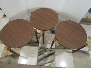 Vintage MCM Set 3-Round Stacking Tables Formica Tops Wood Legs 1960's Atomic - Picture 1 of 15