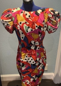 Vintage Morton Myles Cocktail Dress Puff Sequin Sleeve 80's Midi Size 12 - Picture 1 of 10
