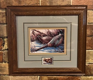 1990 Minnesota Pheasants Habitat Print + Stamp Wooden Frame/Matted T. Marschel - Picture 1 of 16
