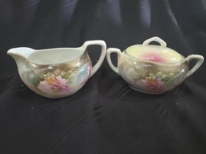 R. S. Germany - Pink Rose Pattern on Gray - Creamer and Sugar With Lid - Picture 1 of 7